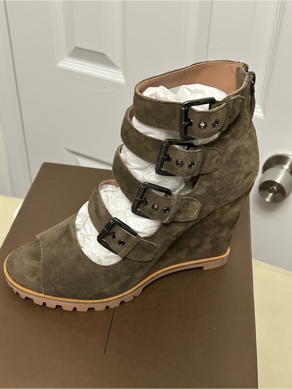 Paolo Olive Suede Wedge Bootie with Four Buckle Straps